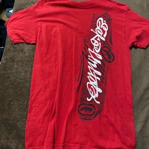 Red graphic lettered T-shirt